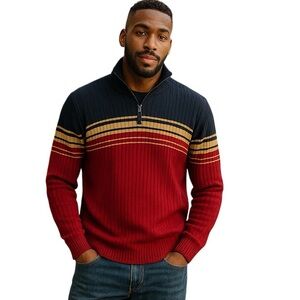 Nautica Men's Medium Red Navy Brown Striped 1/4 Zip Sweater Office Casual